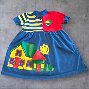 Vintage 90s Buster Brown Toddler Dress 3T Colorful House Graphic USA